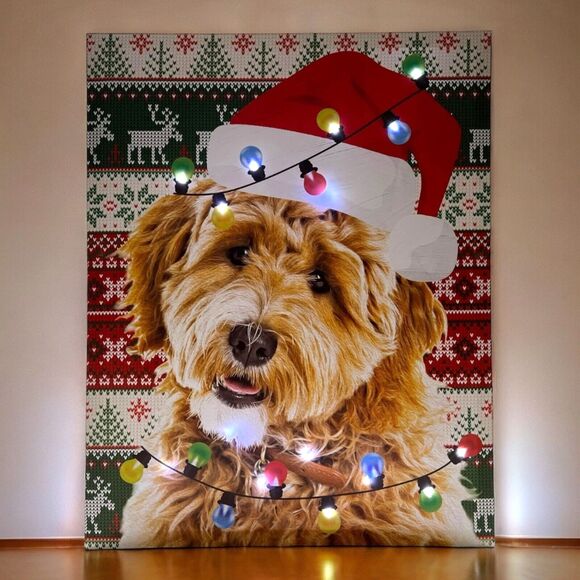 LED Christmas Dog Labradoodle Light-Up Canvas Picture Wall Art Decor 15x19" - Picture 11 of 13